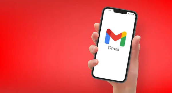 Donna Mano Tenendo Smartphone Con Logo App Google Gmail Formato — Vettoriale Stock