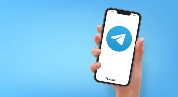 Mujer Mano Sosteniendo Teléfono Inteligente Con Logotipo Aplicación Telegram Formato — Archivo Imágenes Vectoriales