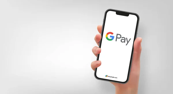 Mujer Mano Sosteniendo Teléfono Inteligente Con Logo Google Pay Formato — Vector de stock