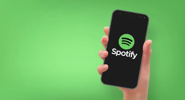 Mulher Mão Segurando Smartphone Com Logotipo Spotify Formato Vetorial —  Vetores de Stock