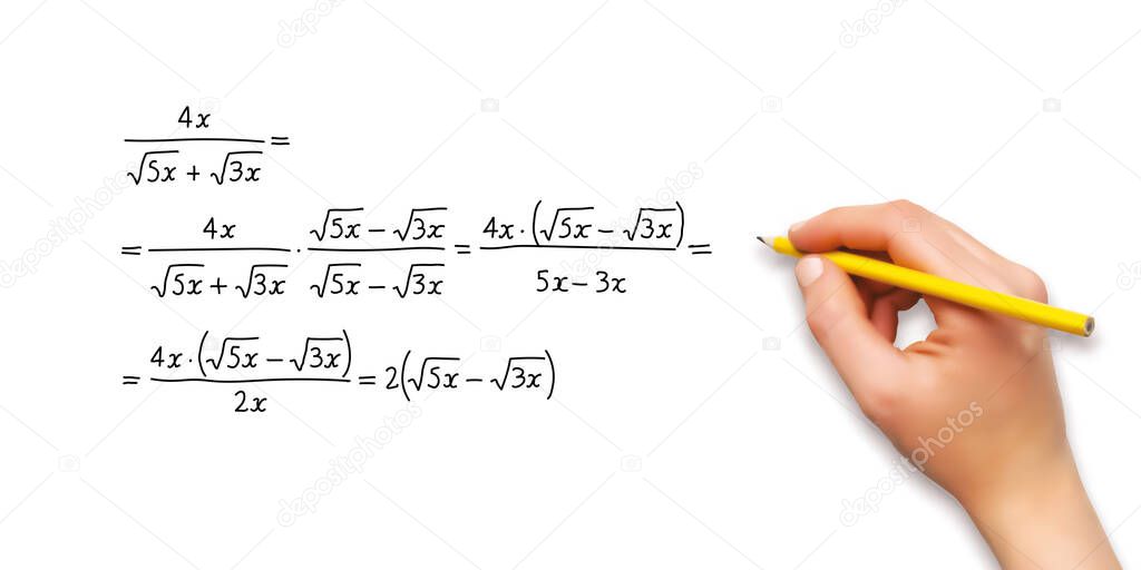 Female hand writing mathematics equations in vector format
