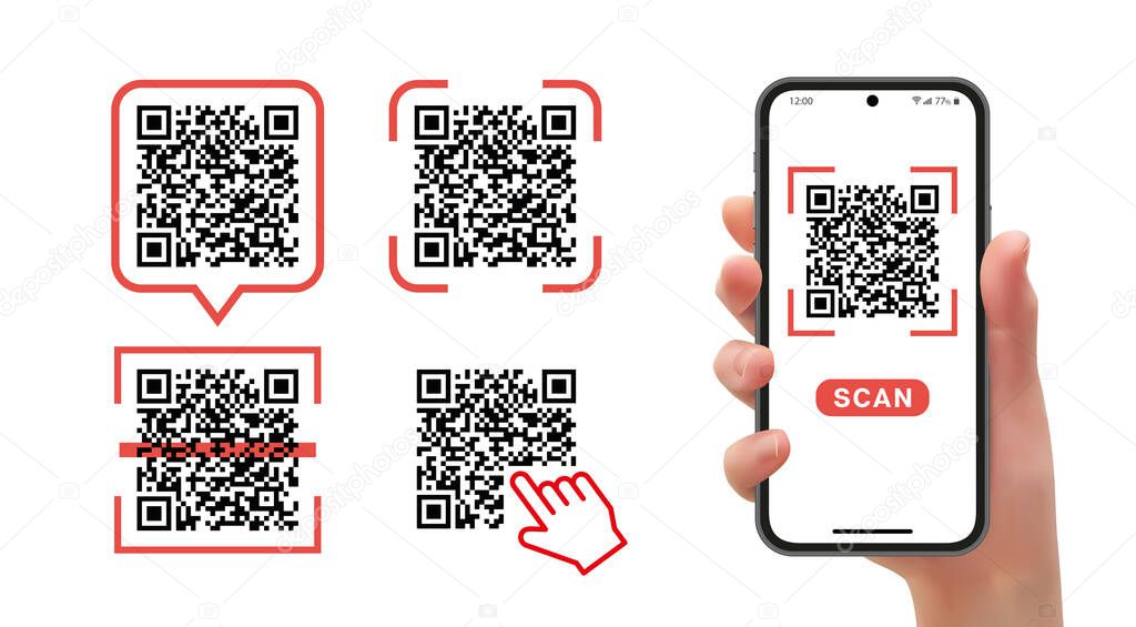 Hand with phone, scanning qr code, realistic effect in vector format