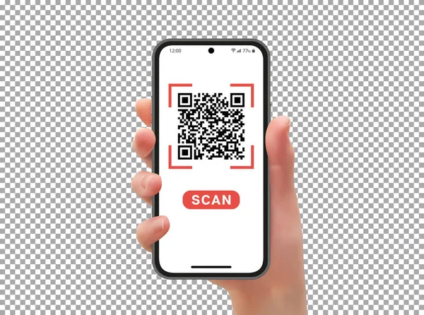 Hand Mit Telefon Code Scannen Realistischer Effekt Vektorformat — Stockvektor