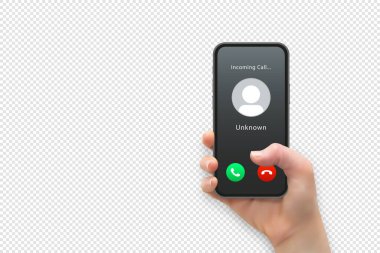 Kadın el ele tutuşması ve akıllı telefon ekranına başparmak ile dokunmak vektör biçiminde şeffaf arkaplanda izole edilmiş
