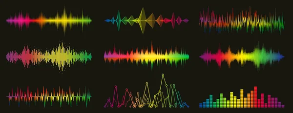 Ondas Sonoras Multicolor Sobre Fondo Negro Formato Vectorial — Archivo Imágenes Vectoriales