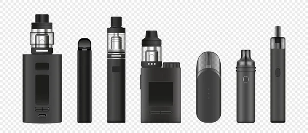 Vaping aygıtı seti, elektronik sigara, vektör biçiminde izole edilmiş.
