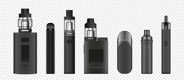 Set of Vaping device, electronic cigaret, isolated on trasparent background in vector format