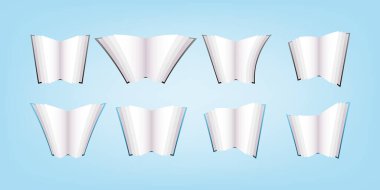 3D karikatür koleksiyonu geniş açık mavi ve siyah kitap farklı açıda. Vektör illüstrasyonu