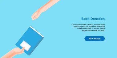 El ele tutuşmalar, diğer insanlara yardım etmeler. Kitap ödünç alma ve bağış konsepti. 3D karikatür stye tasarım vektör çizimi