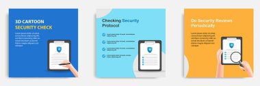 Social media tutorial, tips post banner layout template in 3D cartoon style. Security check reviews concept
