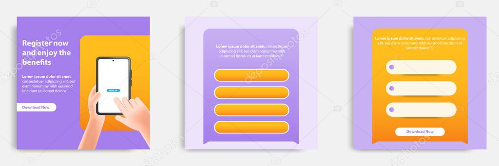 Social media post banner template layout in3D cartoon style. Mobile app feature and benefit explanation. Vector illustration