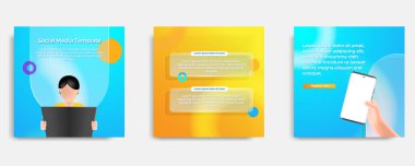 Sosyal medya bilgilendirici pankart tasarımı mavi, sarı, turuncu arkaplan, şeffaf cam çerçeve baloncuk mesajı ile cam biçimcilik tarzı. Vektör illüstrasyonu