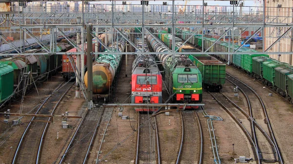 Vasúti Csomópont Sok Vonat Van Síneken Vasút Zsákutca Orosz Vonatok — Stock Fotó