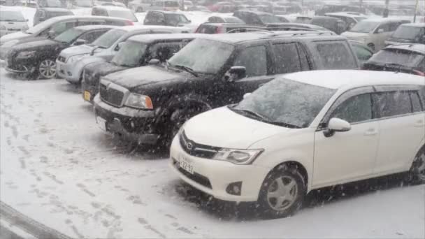 Salju jatuh di tempat parkir mobil di Jepang — Stok Video