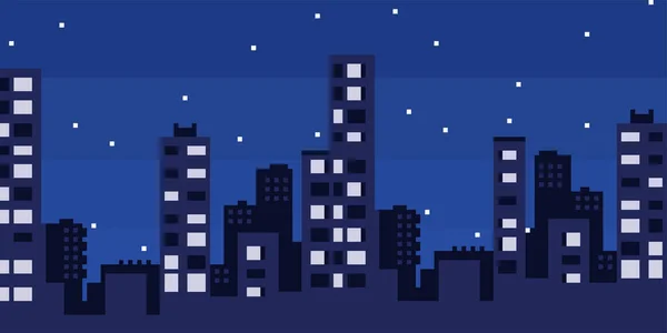 Pixel Art Ville Nocturne Avec Paysage Ciel Nuages Silhouette Ville — Image vectorielle