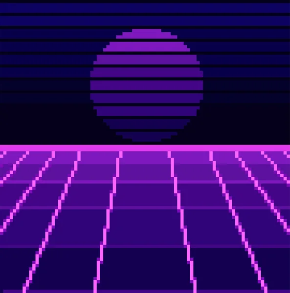 ピクセルアート Retro Wave Sci Fi日の出または日没の背景 ピクセルアート80年代 ピクセルアート8ビットゲーム — ストックベクタ