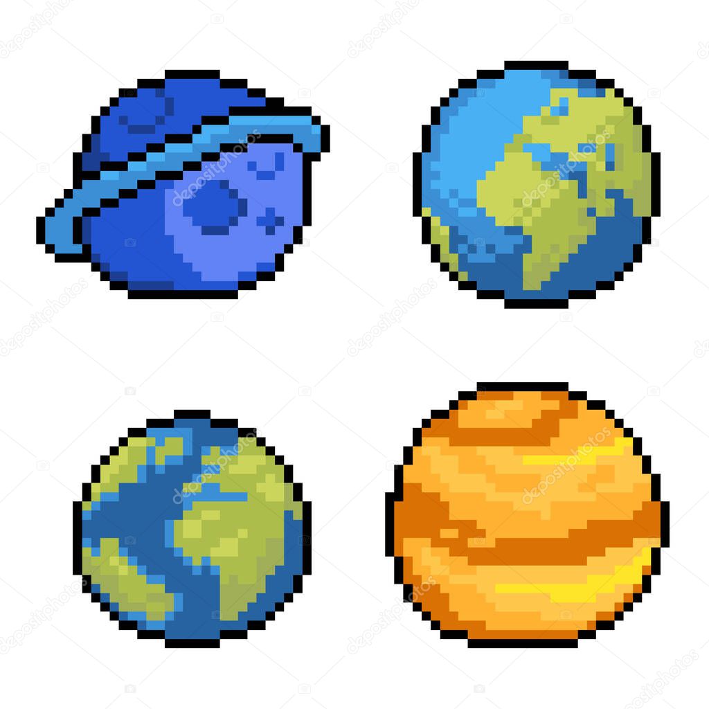 Planets pixel art 80s style set. 8-bit sprites. Solar system objects. Various space planets, fantastic world game design isolated vector icons.
