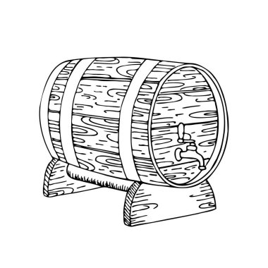 Fıçı çizimi. Alkollü içkilerle dolu fıçı. Vektör izole arkaplan EPS 10