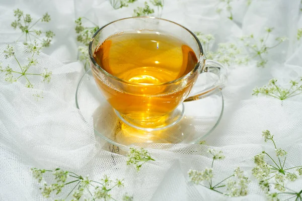 Green Tea Glass Cup Delicate White Background Small Flowers — Stock Photo, Image