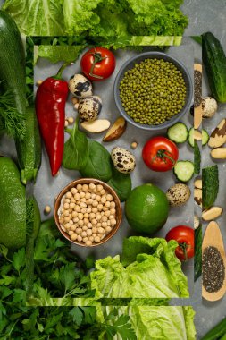Sağlıklı beslenmek için avokado, nohut, fındık ve otlu taze sağlıklı sebzeler. Lifli ve sebze proteinleriyle dengeli bir diyet.