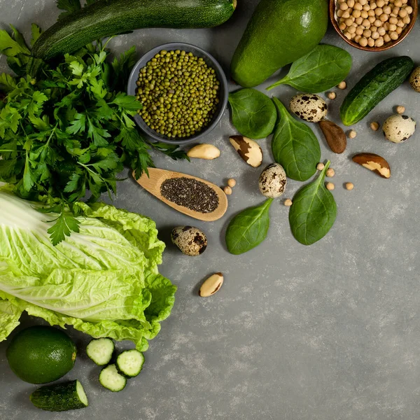 Vegetable Frame Greens Zucchini Avocado Beans Nuts Gray Background Menu — Stock Photo, Image