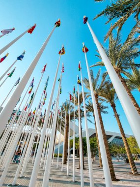 Dubai, Birleşik Arap Emirlikleri - 22 Ekim 2021: Katılımcı ülkeler EXPO 2020 Dubai 'de bayraklar. Opportunity, Mobilite ve Sürdürülebilirliğin 3 alt teması. 1 Ekim 2021 'den 31 Mart 2022' ye kadar tutuluyor.