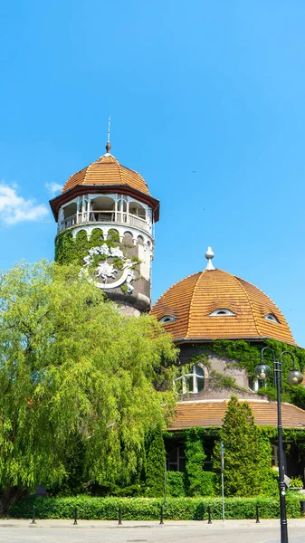 ウォータータワーは ロシアのカリーニングラード州スヴェトロフスク州の焦点です 水道塔と隣接する泥風呂の円形の建物はラウシェンに建設された ドイツ民族ロマン主義様式の芸術 ヌーヴォー — ストック写真
