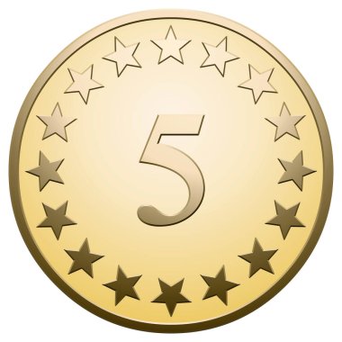 Golden star medal 5 on white background