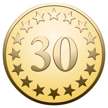 Golden star medal 30 on white background