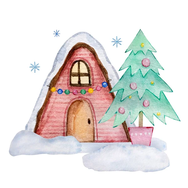 Ilustración Navidad Acuarela Con Casa Árbol Navidad Aislado Sobre Fondo —  Fotos de Stock