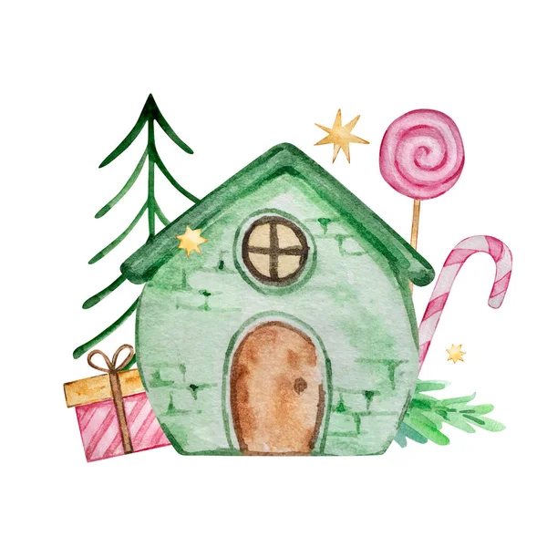 Aquarell Weihnachtsillustration Mit Haus Weihnachtsbaum Geschenken Und Süßigkeiten Auf Weißem — Stockfoto