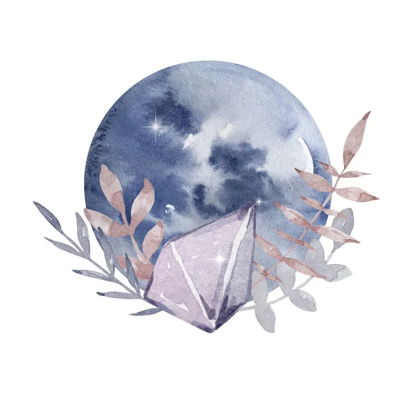 Акварельна Ілюстрація Магічна Абстрактна Композиція Повний Місяць Дорогоцінні Камені Чарівна — стокове фото