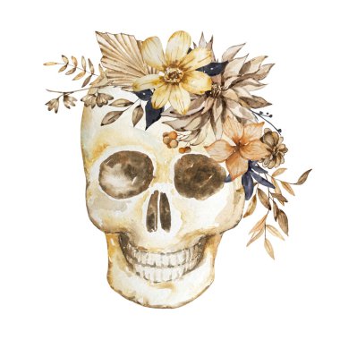 Cadılar Bayramı suluboya çizimi. Beyaz arka planda izole edilmiş el yapımı şenlik kompozisyonu. Kafatası çiçekli ve dallı.