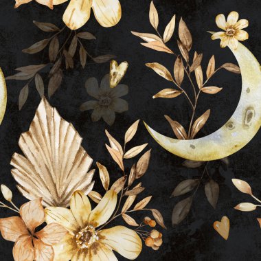 Kusursuz cadılar bayramı geçmişiniz kutlu olsun. Bir buketi ve siyah arka planda dalları olan bir ay. Suluboya çizimi