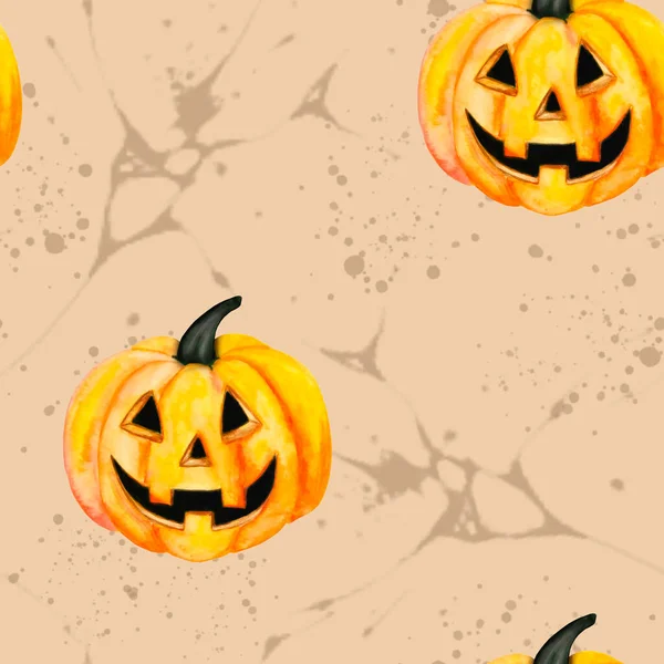 Glad Halloween Sömlös Mönster Bakgrund Pumpa Jack Lykta Beige Bakgrund — Stockfoto
