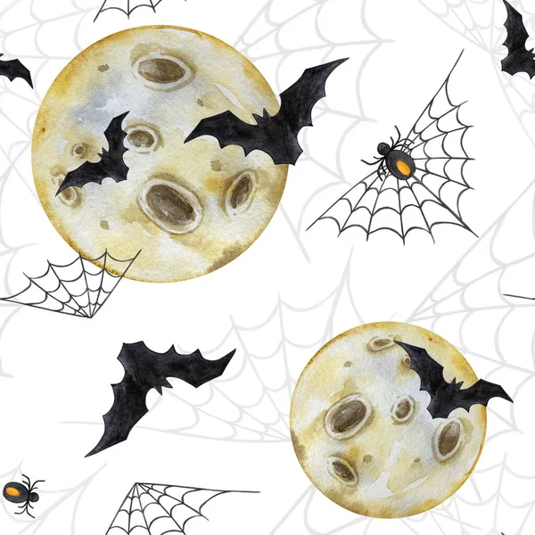 万圣节快乐无缝的背景 蝙蝠和蜘蛛网 水彩画 — 图库照片