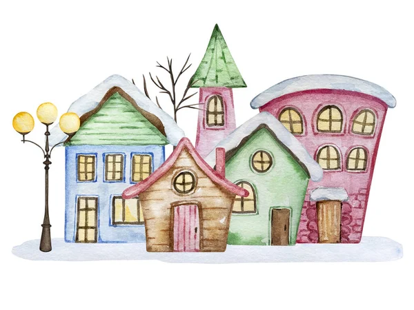 Akvarel Vánoční Ilustrace Domem Lucerny Bílém Pozadí — Stock fotografie