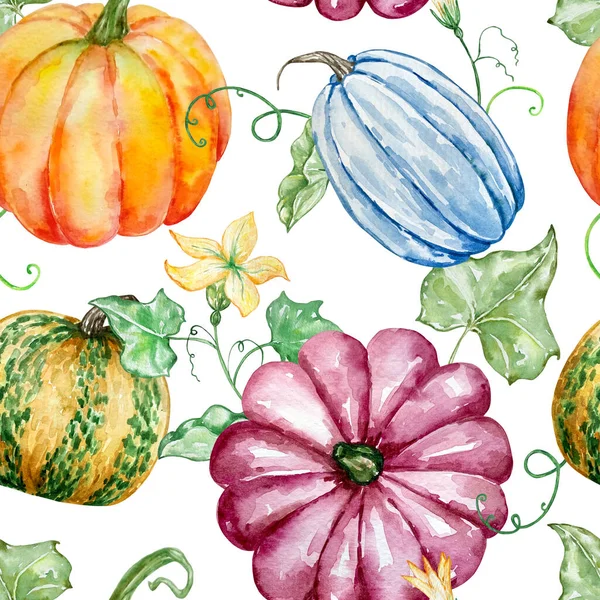 Slavnostní Podzimní Akvarel Bezešvný Vzor Pestrobarevnými Dýněmi Listy Izolované Bílém — Stock fotografie