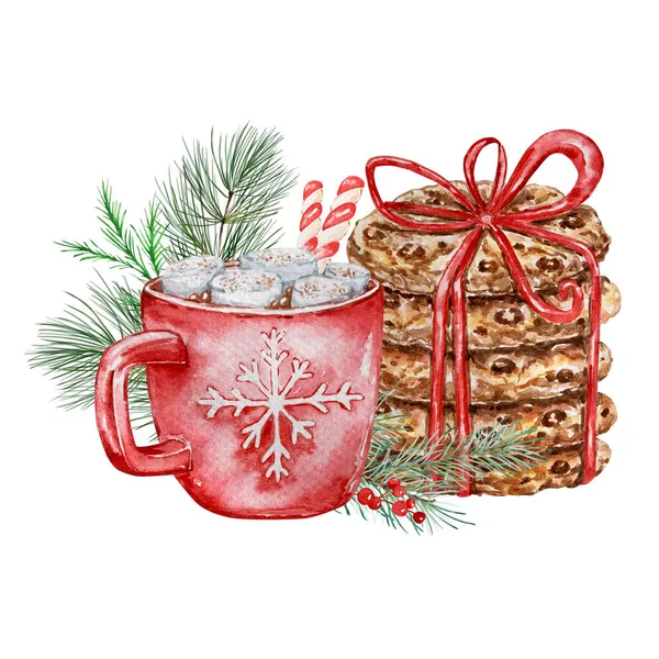 Watercolor Christmas illustration with cocoa and cookies. Hand painted cup of cocoa, marshmallows and cookies isolated on white background. Holiday cards