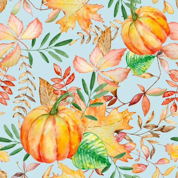 Festive autumn watercolor seamless pattern with orange pumpkins and colorful leaves, on a light blue background. Decorative autumn botanical art print for holiday design.