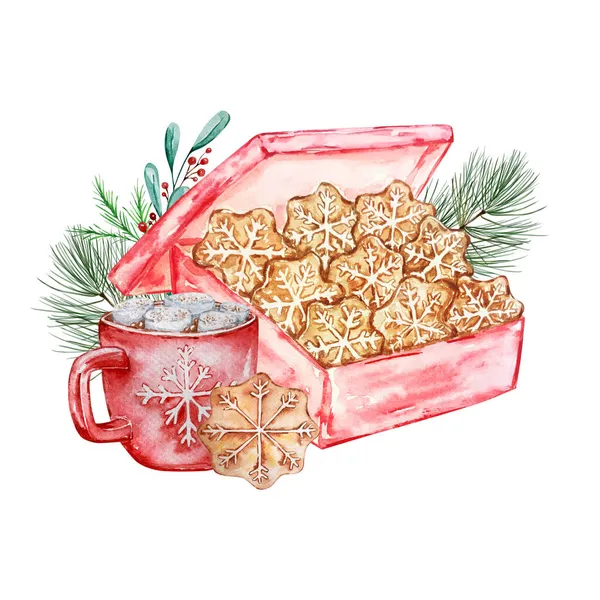 水彩画圣诞插图与可可和饼干 手绘可可 棉花糖和盒装姜饼饼干 白色背景隔离 假日贺卡 — 图库照片