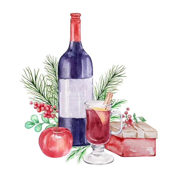 Akvarel Vánoční Ilustrace Vínem Svařené Víno Dárek Jablko Izolované Bílém — Stock fotografie