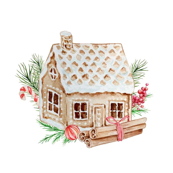 Aquarell Weihnachten Illustration Mit Lebkuchenhaus Handbemaltes Lebkuchenhaus Und Zimtstangen Isoliert — Stockfoto