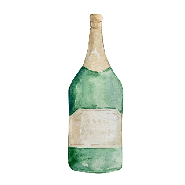Aquarel Kerst Illustratie Van Een Fles Champagne Geïsoleerd Een Witte — Stockfoto