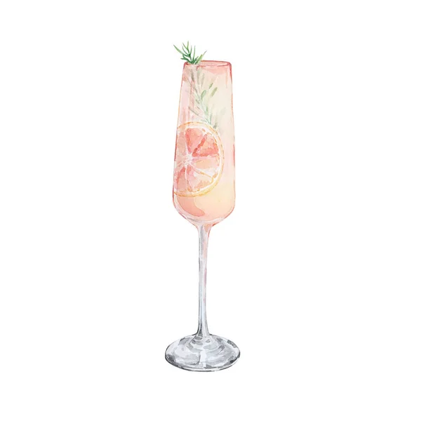 Watercolor Christmas Illustration Glass Champagne Orange Slice Isolated White Background — Stock Photo, Image