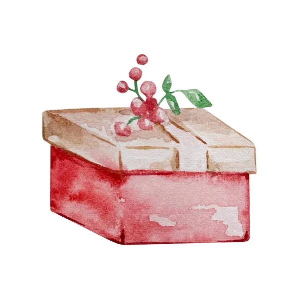 Υδατογραφία Χριστούγεννα Εικονογράφηση Εορταστική Κόκκινο Κουτί Δώρου Που Απομονώνονται Λευκό — Φωτογραφία Αρχείου