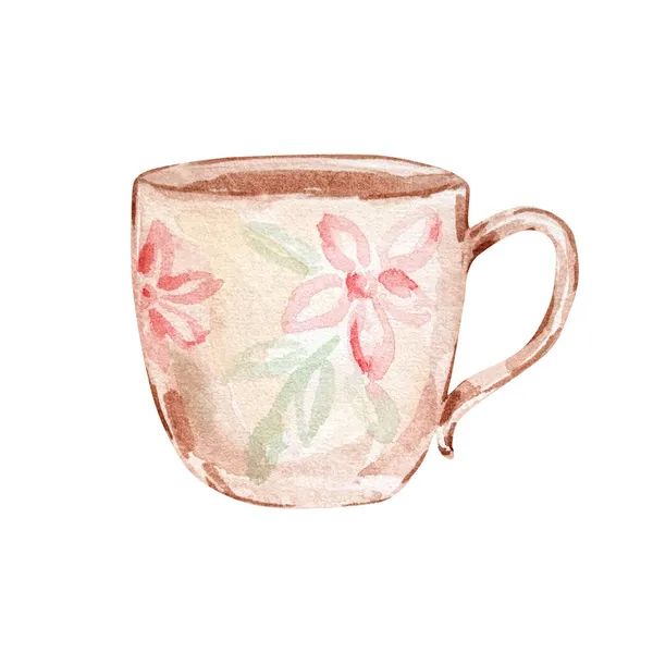 Watercolor Christmas Illustration Beige Mug Flowers Isolated White Background — Stock Photo, Image
