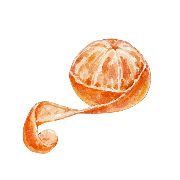 Watercolor Christmas Illustration Peeled Tangerine Isolated White Background — Stock Photo, Image