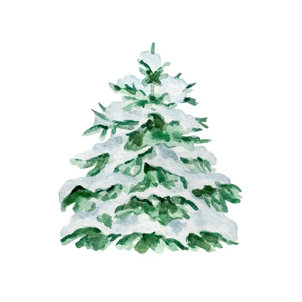 Aquarelle Illustration Noël Sapin Vert Avec Neige Isolée Sur Fond — Photo