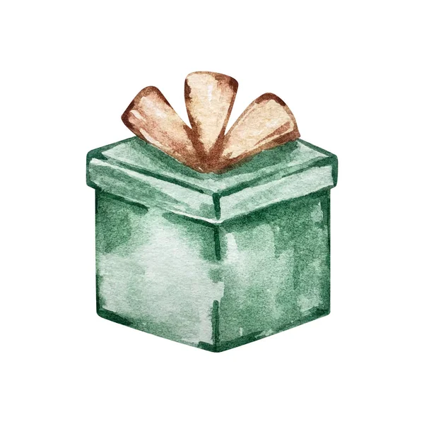 Aquarell Weihnachten Illustration Der Grünen Geschenkbox Mit Schleife Isoliert Auf — Stockfoto